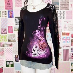 lethal angel skull rose lace sleeve top size small